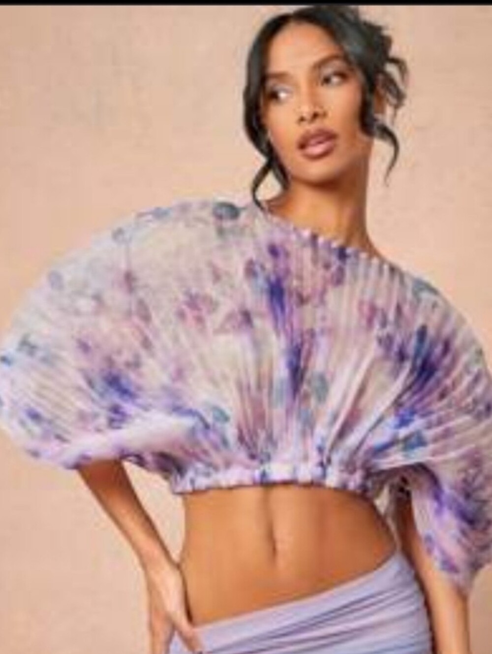 Pleated Tie-Dye Crop Top in Lavender and Blue